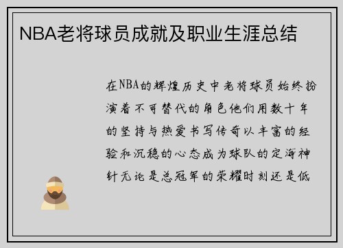 NBA老将球员成就及职业生涯总结