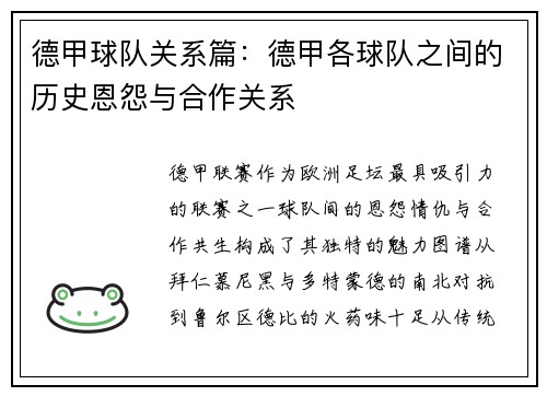 德甲球队关系篇：德甲各球队之间的历史恩怨与合作关系