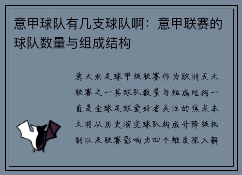 意甲球队有几支球队啊：意甲联赛的球队数量与组成结构